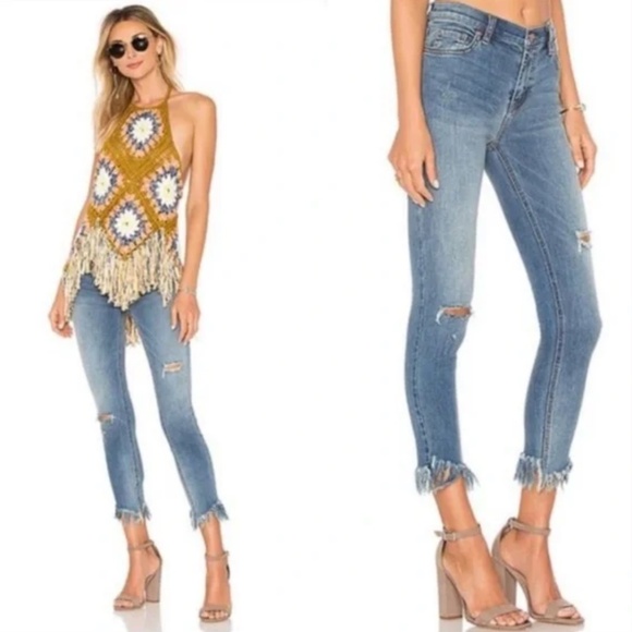 Free People Great Heights Frayed Fringe Hem Skinny Jeans, Hi-Rise NWT - Picture 1 of 10